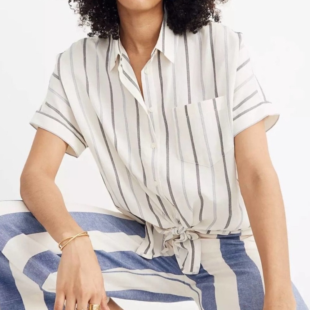 Madewell Montpellier Stripe Tie-Front Short Sleeve Shirt - Cream/Blue